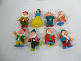 Disney Flocked Ornaments Snow White 7 Dwarfs Vtg Christmas Hong Kong Set Of 8