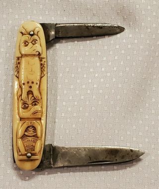 Vintage Remington Knife Bone Hand Carved Native American Totem Pole