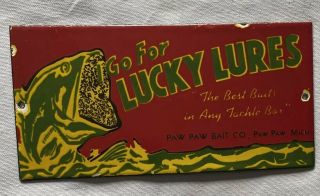 Vintage Lucky Lures Porcelain Sign Car Gas Oil Truck Gasoline Fishing Hunting