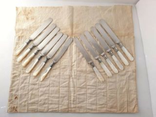 Antique 12 Gorham Mother Of Pearl Knife Set Table Butter Knives W/ Roll Cloth