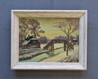 Vintage Dutch Winter Impressionist Landscape Oil Painting,  Signed F.  Wolf