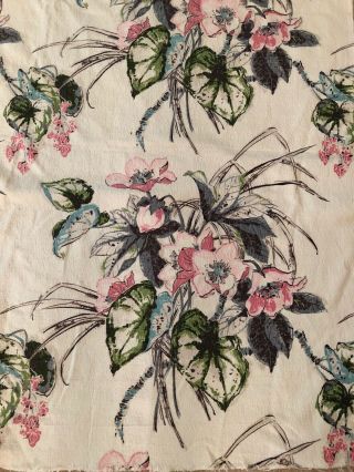 Vintage Barkcloth Curtain Fabric Panel 45” By 89” Pink Aqua Flower Mid Mod Retro