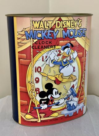 Vintage Disney Mickey Mouse Donald Duck Clock Cleaners Metal Trash Can Bin Vg,