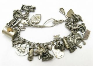 Vintage Sterling Silver Full Charm Bracelet 7.  75 " Horse,  Marines,  Puffy Heart,