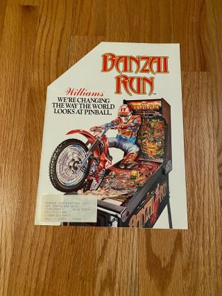 Williams Banzai Run Pinball Machine Flyer,  1988 Nos