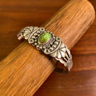 Native American Fred Harvey Era Sterling Silver Green Turquoise Cuff Bracelet