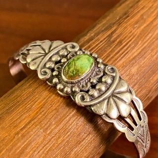 NATIVE AMERICAN FRED HARVEY ERA STERLING SILVER GREEN TURQUOISE CUFF BRACELET 2