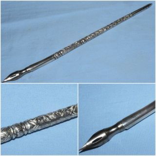 Antique Solid Silver Quill Dip Pen,  Nib 185 Mm - Victorian - Lovely Pattern