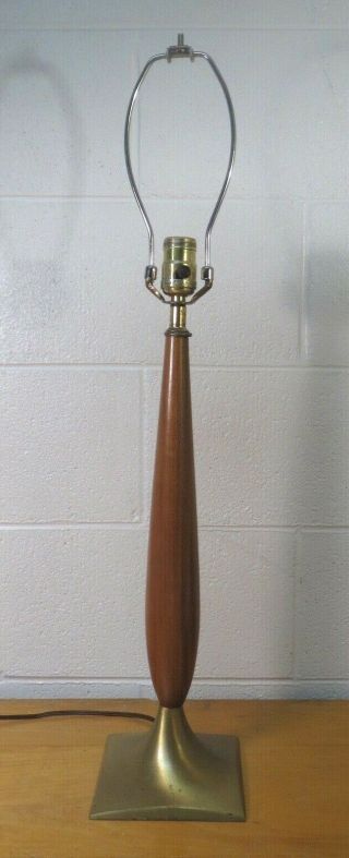 Vintage Mid Century Modern Danish Teak Wood Gold Tone Brass 3 Way Table Lamp