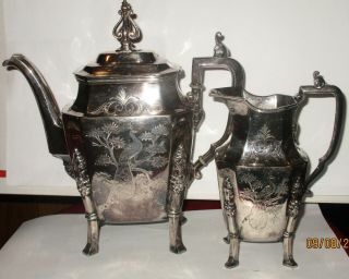 Antique Silverplate Simpson Miller Hall Peacock Design Teapot And Creamer