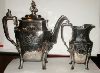 Antique Silverplate Simpson Miller Hall Peacock Design Teapot and Creamer 2