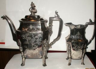 Antique Silverplate Simpson Miller Hall Peacock Design Teapot and Creamer 3