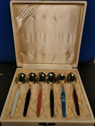 Set Of 6 Sterling Silver Gilt Theodor Olsens Norway Enamel Spoons Boxed