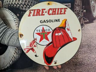Vintage Dated 1940 Texaco Fire Chief Gasoline Advertising Porcelain Gas Oil Sign