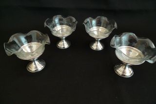 Vintage Sterling Silver And Hand Blown Etched Crystal Set Of 4 Dessert Dishes