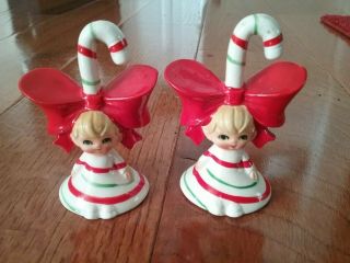 2 Vintage Lefton Tiny Christmas Angel Girls Candy Cane Bell Figurines