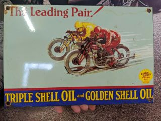 Old Vintage Shell Motor Oil Motorcycle Porcelain Metal Gas Pump Gasoline Sign