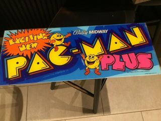 Original/vintage 1982 Bally Midway Pac - Man Plus Arcade Video Game Marquee/header