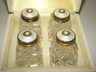 Vintage Set 4 Hroar Prydz Norway 925s Gilded White Enamel Guilloche Shakers,  Box