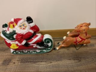 Vintage Empire Plastic Blow Mold Christmas Santa Sleigh And Reindeer Set 1970