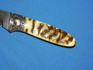 RON GASTON Knife,  Engraved w/ Gold Eagle & Ram Horn Grip 2
