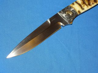 RON GASTON Knife,  Engraved w/ Gold Eagle & Ram Horn Grip 3