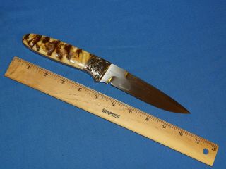 RON GASTON Knife,  Engraved w/ Gold Eagle & Ram Horn Grip 4