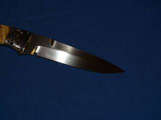 RON GASTON Knife,  Engraved w/ Gold Eagle & Ram Horn Grip 6
