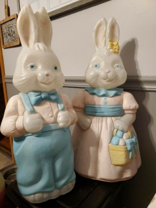 Vintage Easter Bunny Rabbit Blow Mold Pair Boy & Girl Lighted Plastic 25 "