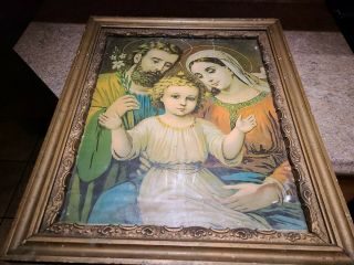 Vintage Picture Of Jesus Mary And Joseph " Holy Family " 1940’s Framed Christian