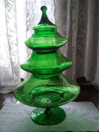 Vintage Italian Empoli Green Glass Christmas Tree Candy Dish Apothecary