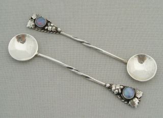Arts & Crafts Solid Silver Opal Set Grapevine Design Salt Spoons C.  1910 - 20