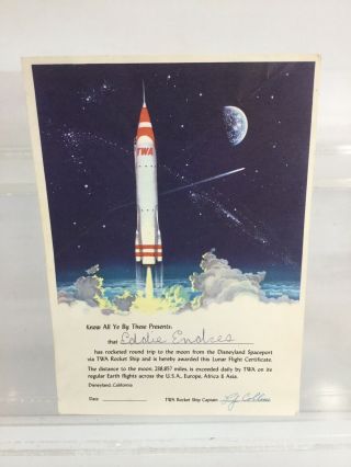 Vintage Retro Disneyland 1955 - 1961 Twa Rocket To The Moon Flight Certificate