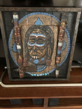 Vintage Warrior Hand Carved Wood American Indian Art 17 1/2” W By 19” Long