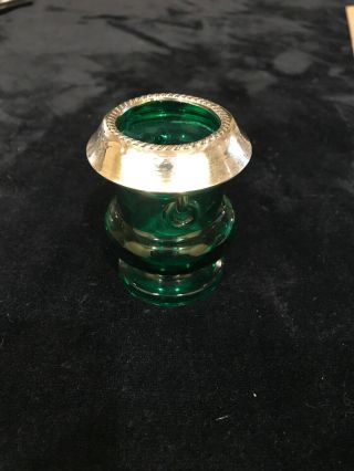 Rare Green Glass Toothpick Holder With Sterling Silver Rim