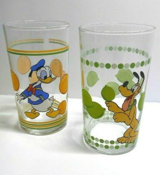 Vintage Disney Donald Duck & Pluto Glass Drinking Cups Juice Cups