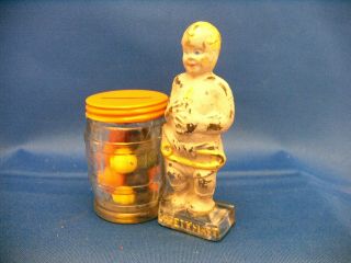 Vintage Glass & Tin Toy Safety First By Barrel Candy Container Bank