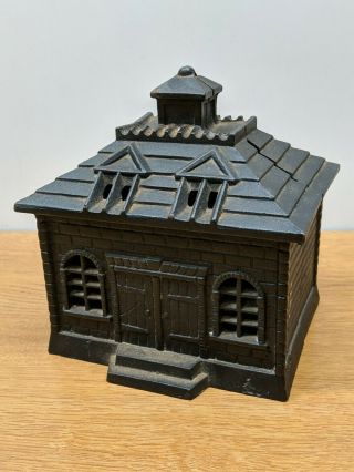 Vintage Cast Iron Coin Bank Large Building House Cabin