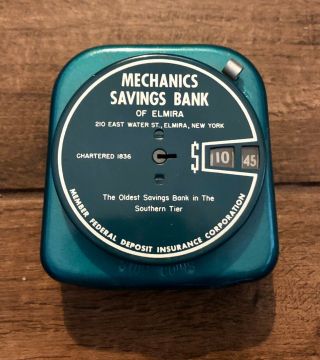Vintage Mechanics Savings Bank Of Elmira Add - A - Coin Blue Tin Bank