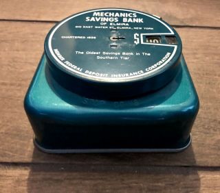 Vintage Mechanics Savings Bank of Elmira Add - A - Coin Blue Tin Bank 3