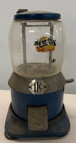 Vintage 1 Cent Gum Ball Machine King Jr Glass Broken No Key Has Coins Inside