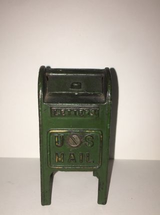 Antique Cast Iron “us Mail” Box Bank Old Green Paint About 3 7/8” Tall