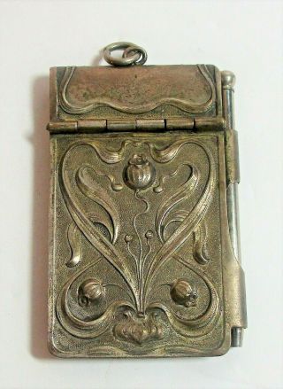 Antique French Art Nouveau Silver Plated Chatelain Dance Pad/card W/ Pencil