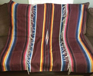 Vintage Mexican Saltillo Serape Wool Blanket Rug Aztec
