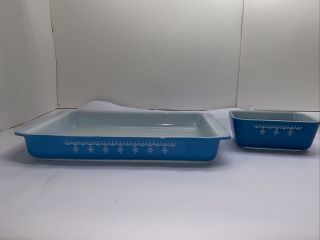 Set Of 2 Vintage Pyrex Blue Snowflake Garland Lasagna Pan 933 & 502 Dish