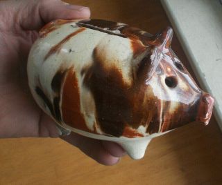 Antique 1890s Pottery Piggy Coin Bank Large Size Pig Streaked Drip Glaze
