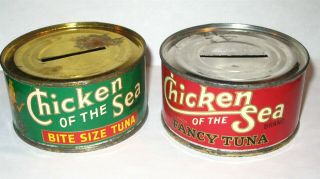 1949 & 1952 Chicken Of The Sea Mermaid Tuna Tin Can Banks Mermaid & Pre Mermaid