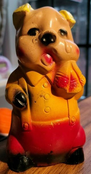 Vintage 7” Yellow/black/red Standing Crying Piggy Bank Chalk Ware Carnival Prize