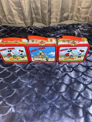 Disney Mickey Mouse Minnie Pluto Bicycle Lunch Box 1999 Set Of 3 Tin Metal Mini