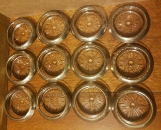 Set Of 12 Vintage Frank M.  Whiting & Co.  Sterling Silver Rim Crystal Coasters